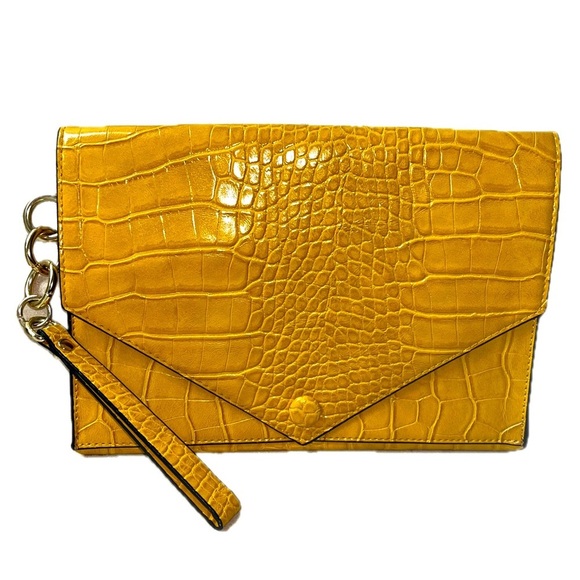 Zara Trafaluc Yellow Crocodile Embossed Texture Envelope Clutch/Wristlet Bag - Picture 3 of 6